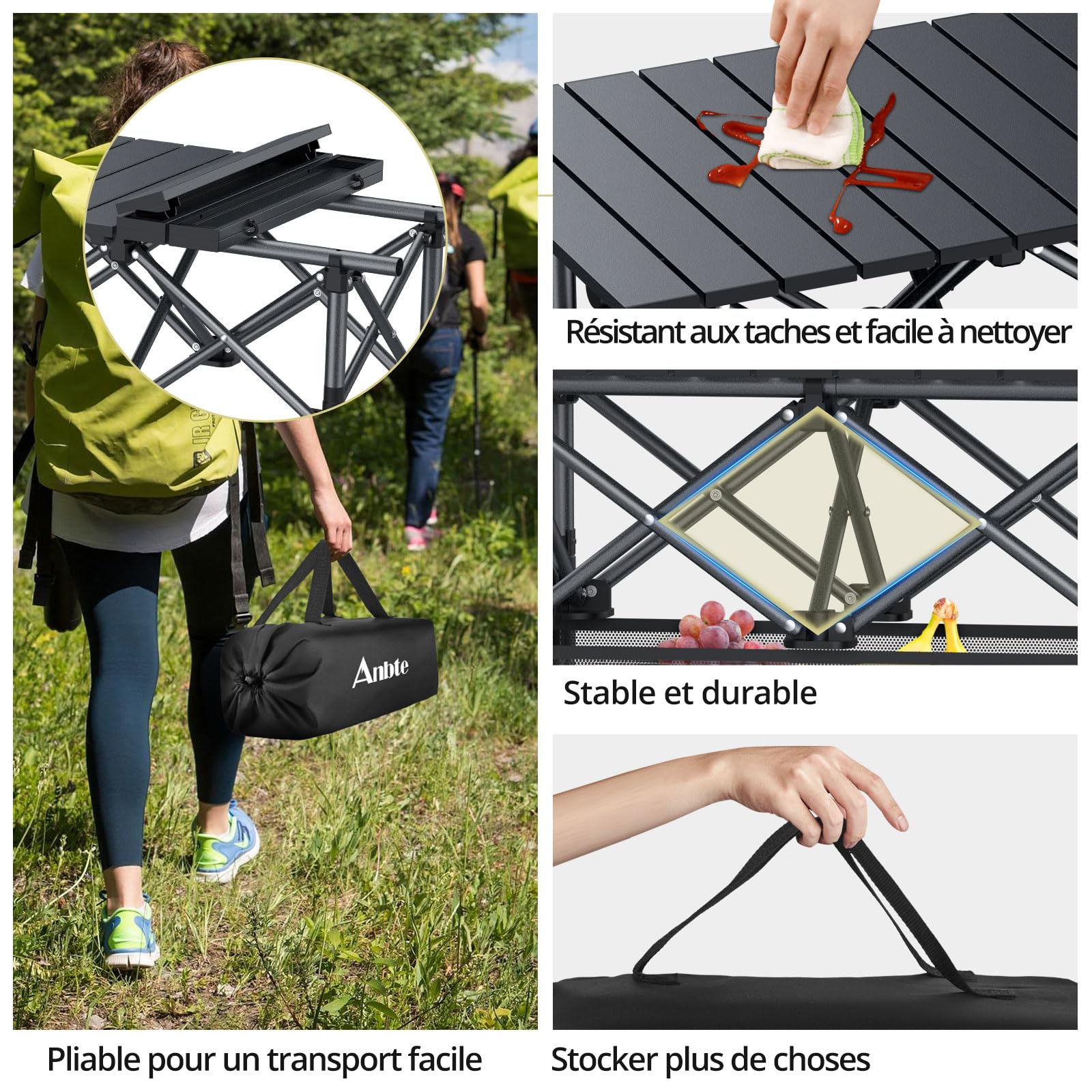 Anbte Table de Camping 64 cm Pliable, 2 Hauteurs Réglables, Aluminium avec Panier de Rangement et Sac, Étanche, Légère 64 x 40 cm, pour Barbecue, Pique-Nique, Voyage Extérieur, Noire