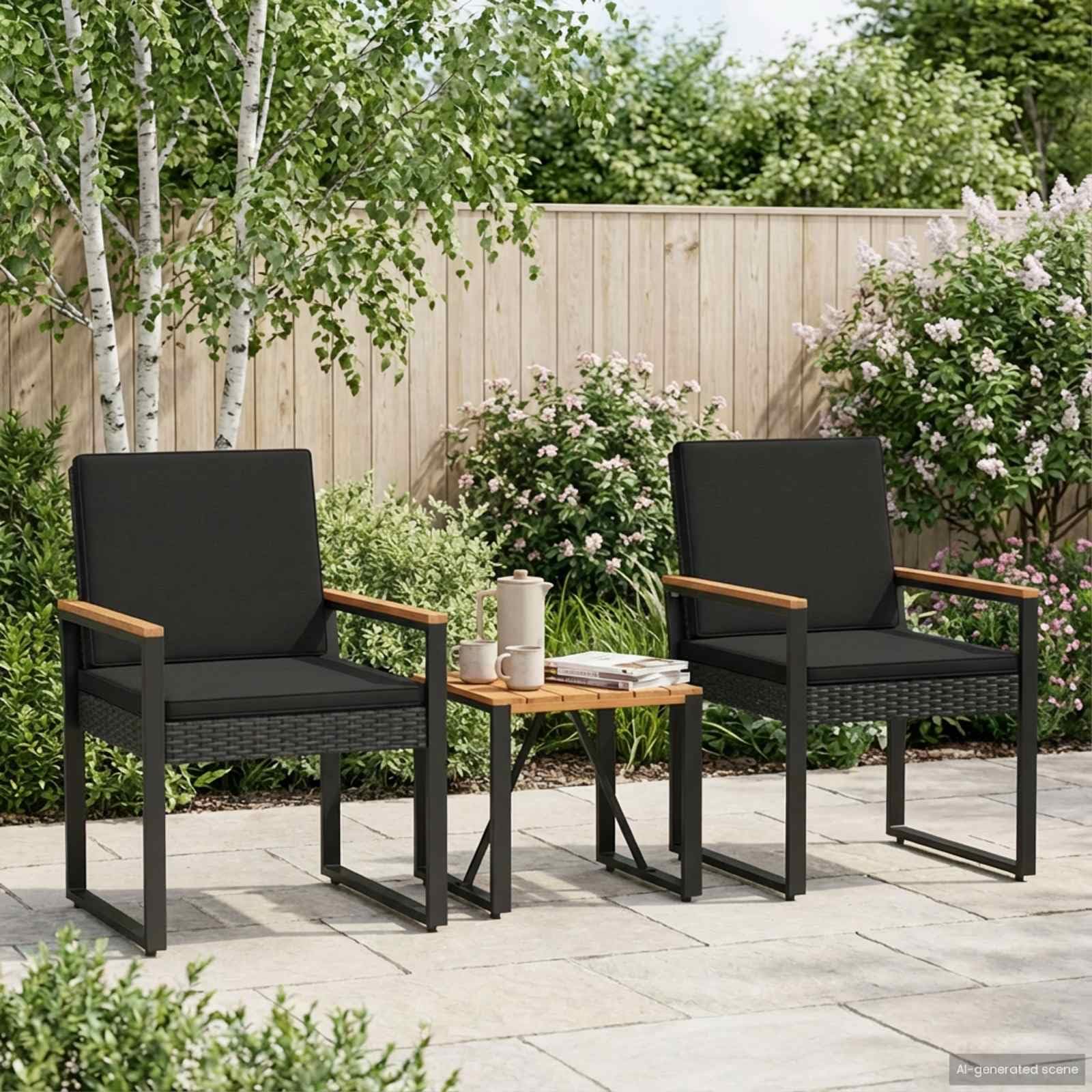 Salon de jardin résistant intempéries en polyrotin noir et table acacia durable