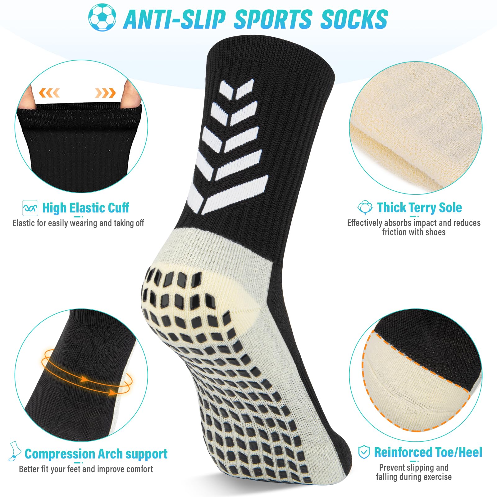 LUROON Calze Antiscivolo Calcio Uomo 37-46, 3/4 Paia Calzini Grip Calcio in Silicone Grip Anti Vesciche Calzini Sportivi Donna Traspirante Calze Antiscivolo Calcio per Ciclismo Trekking