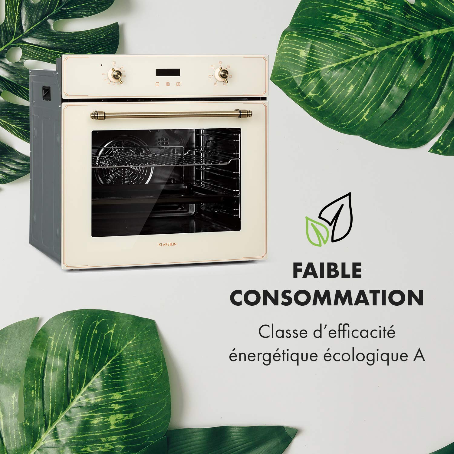 KLARSTEIN Elizabeth - Four électrique encastrable, style rétro, 70L, CEE A, indépendant, convection/chaleur voûte/sole/gril, 2200W, 50-250 °C, bouton rotatif et poignée aspect laiton - crème
