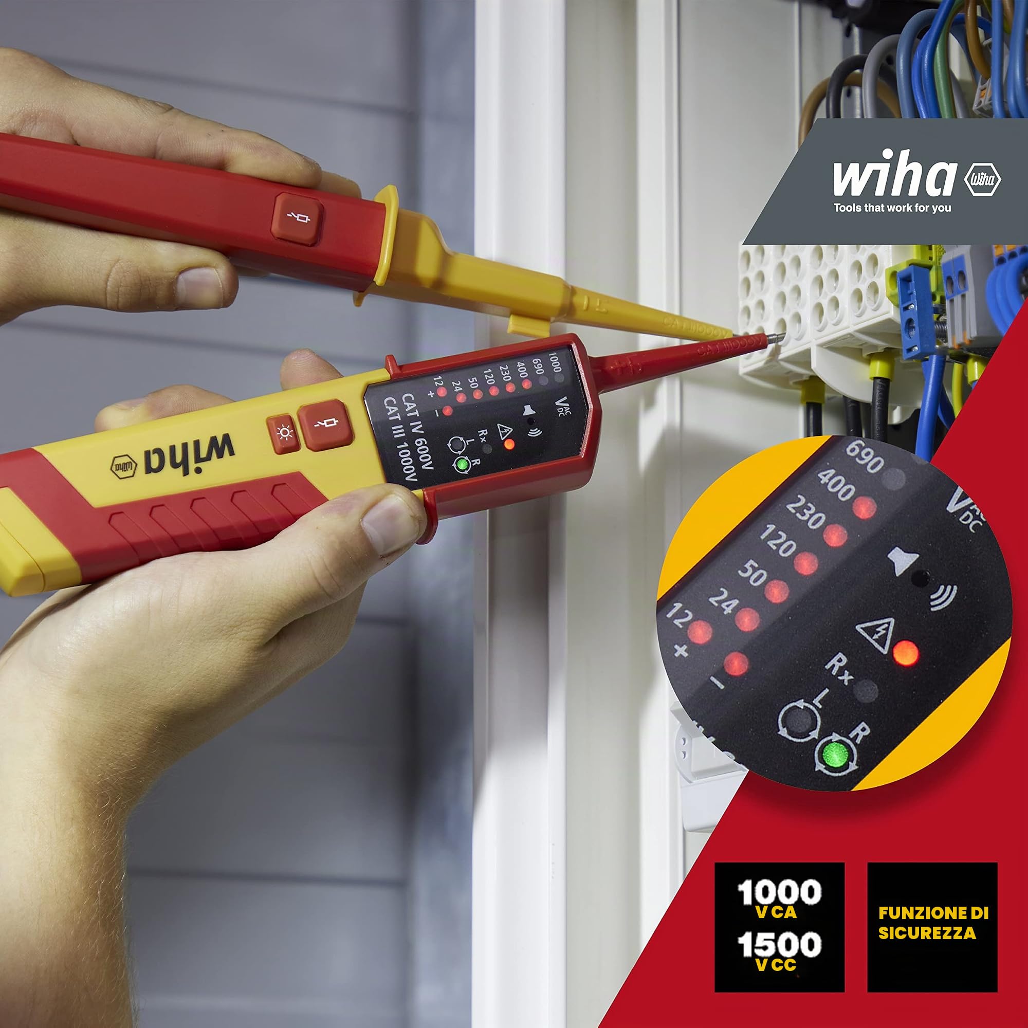 Wiha Tester di tensione e continuità 1500 V, CAT IV con 2 batterie AAA, indicatore LED, test con una sola mano (45216), rosso/giallo | (45216) CAT IV incl. 2 batterie AAA I display LED I tester di tensione bipolare I strumento di misura elettrotecnico