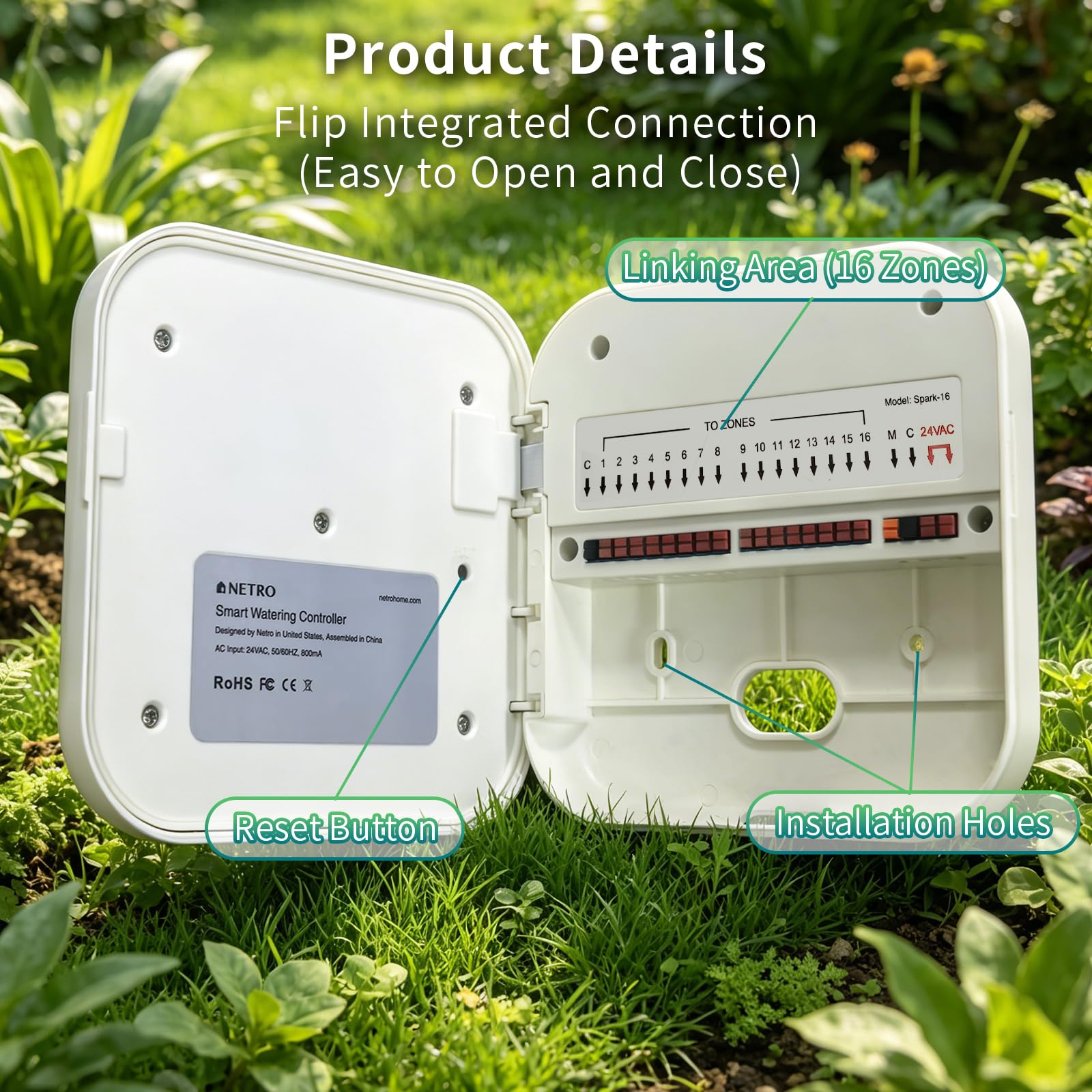 Netro 16 Zone Smart Sprinkler Controller Touch Buttons 2.4G WiFi App-Based | Weather Service Plant Database Rain Skips 24V AC Log Watering Schedule Auto Watering With Netro Plant SensorIndoor product thumbnail 5