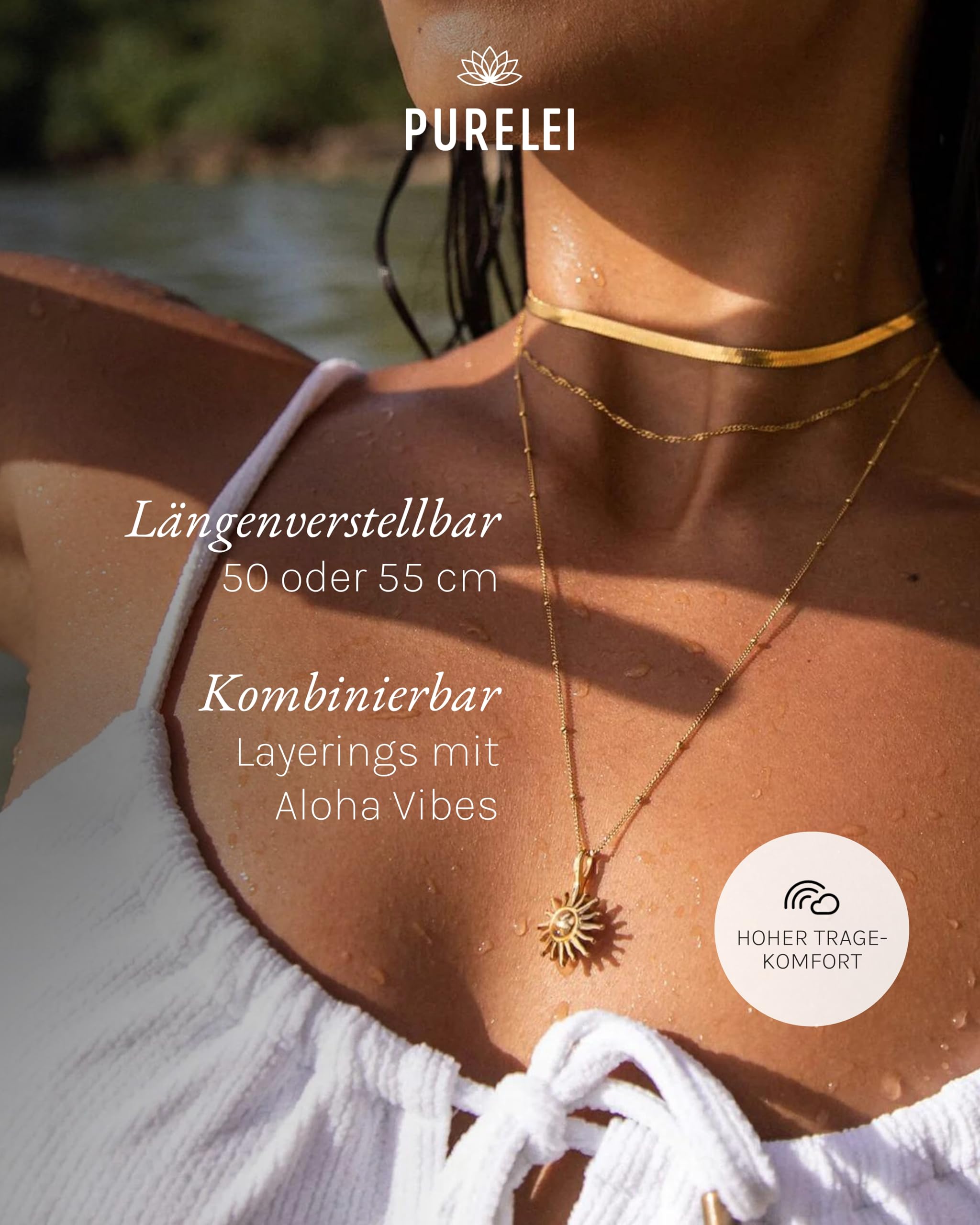 Purelei Sun Kette Damen – Halskette Damen aus langlebigem Edelstahl – Wasserfeste Kette mit Anhänger – 50-55 cm Länge verstellbar – Halskette für deinen individuellen Look