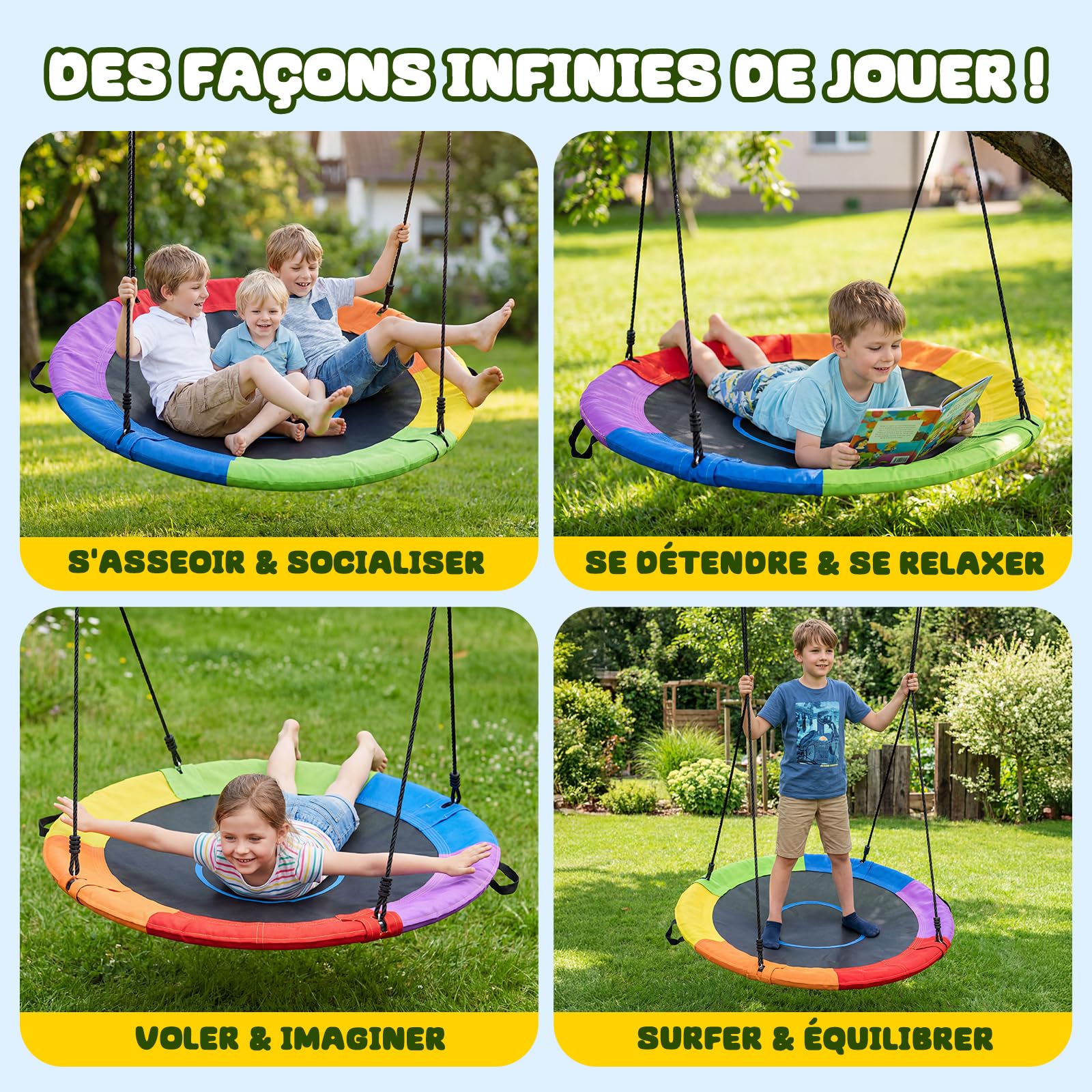 Trekassy balancoire nid d'oiseau Exterieur Enfant Rond,capacité maximale 300 kg, diamètre 120 cm, adaptée aux Enfants et Adultes, Jeux Exterieur Our intérieur, avec Cordes de balançoire