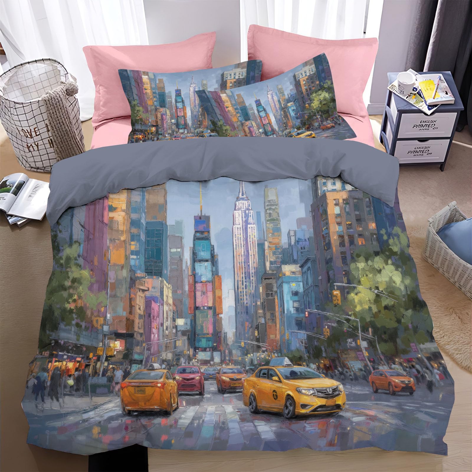 Housse de couette 240x260 New York orange parure de lit 2 personnes en microfibre