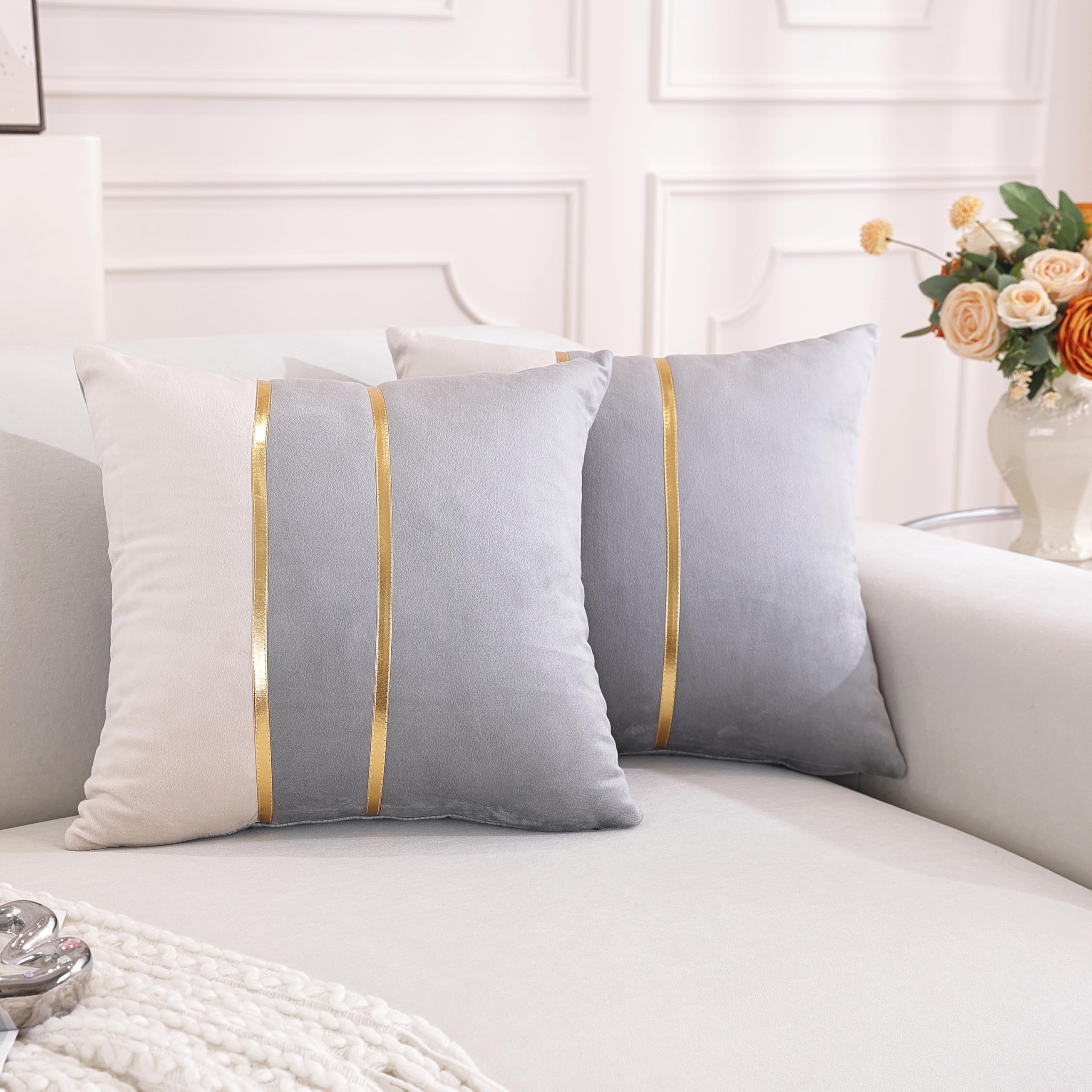TAOSON Pack of 2 Gray & Beige Velvet Throw Pillow Covers 18x18 Inch, Soft Patchwork Cushion Covers with Gold Leather Accents, Luxury Modern Decorative Pillow Cases for Sofa Bedroom Living Room — image 1