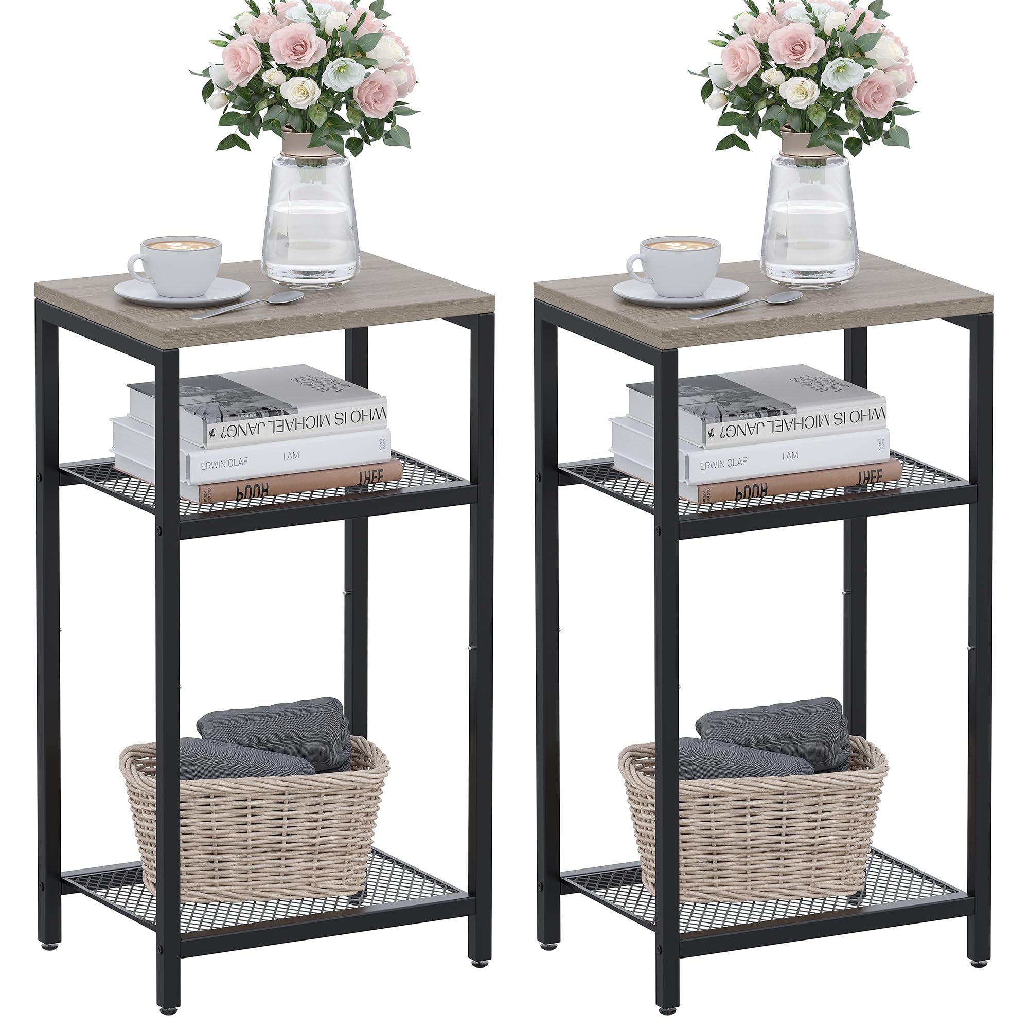 Yifeel Side Table Set of 2, 3 Tier End Table with Storage, Tall Telephone Table, Night Stand for Small Spaces, Sturdy Metal Frame, Living Room, Bedroom, Greige and Black JET001NSG2