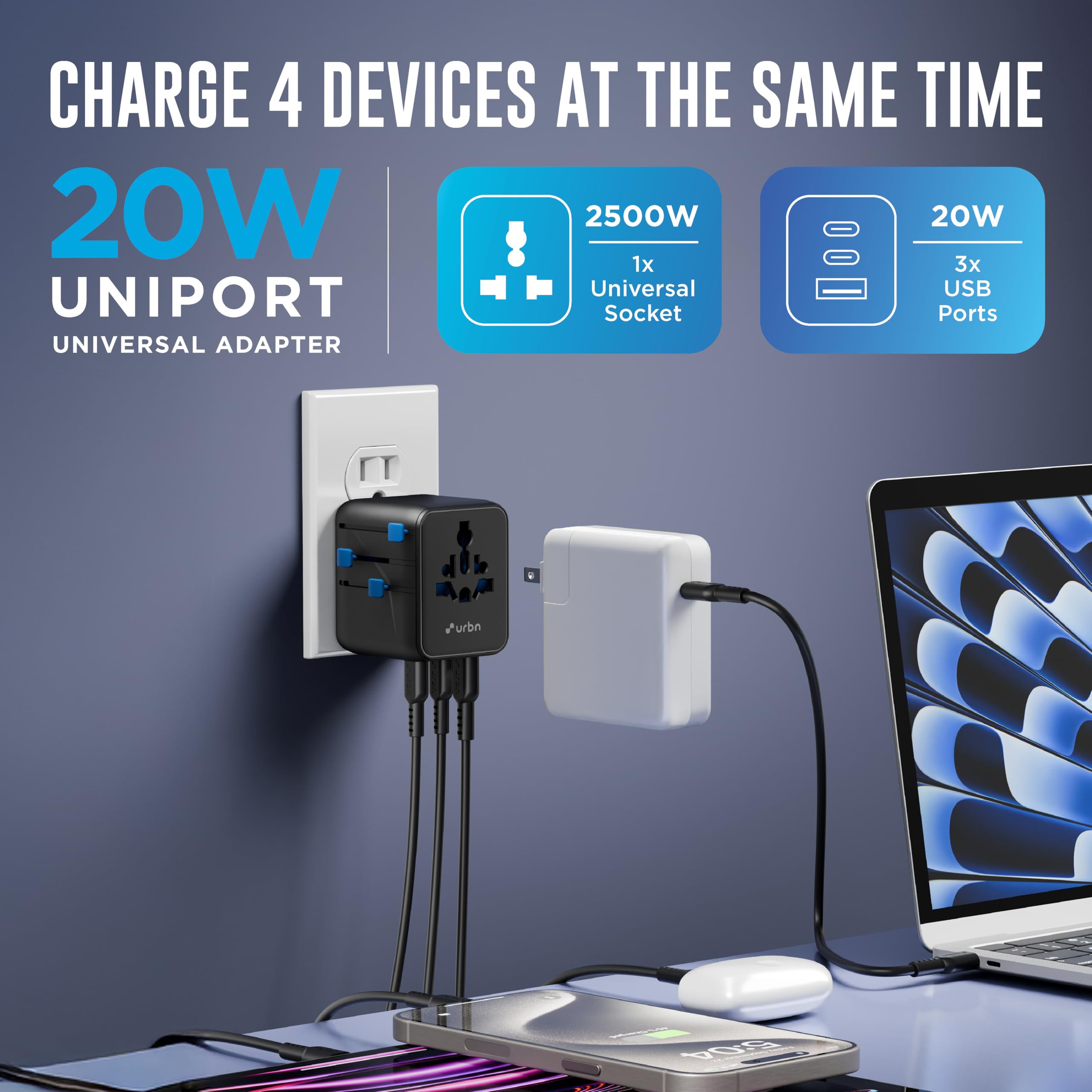 URBN 20W GaN Universal Adapter | Charge 4 Devices Simultaneously | 2500W Universal Socket | Dual USB-C + USB-A | Smart Travel Multi Plug | Global Compatibility | 6-Layer Safety Protection — Amazon image 2