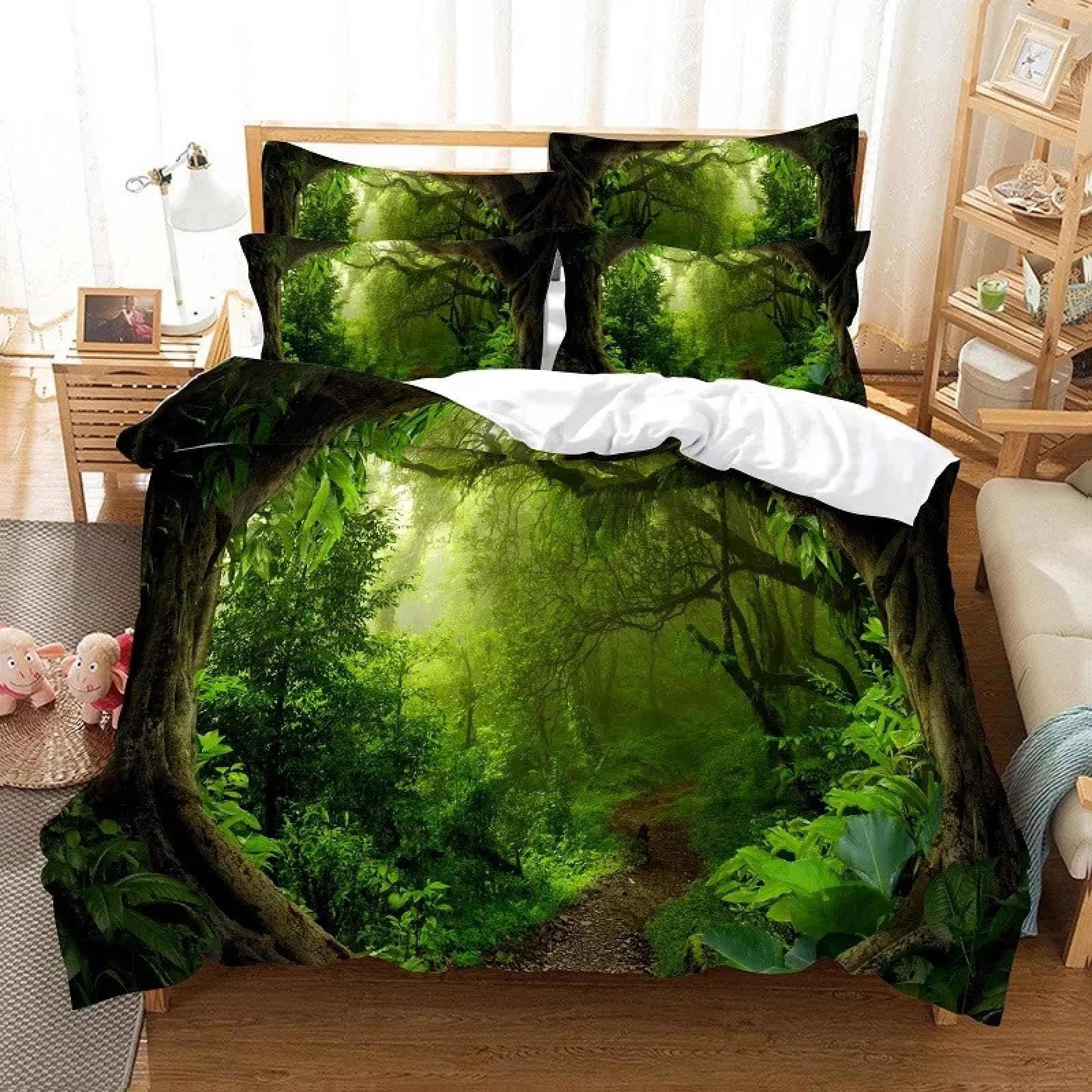 Housse de couette verte literie forestière imprimée avec taies d'oreiller 40x65