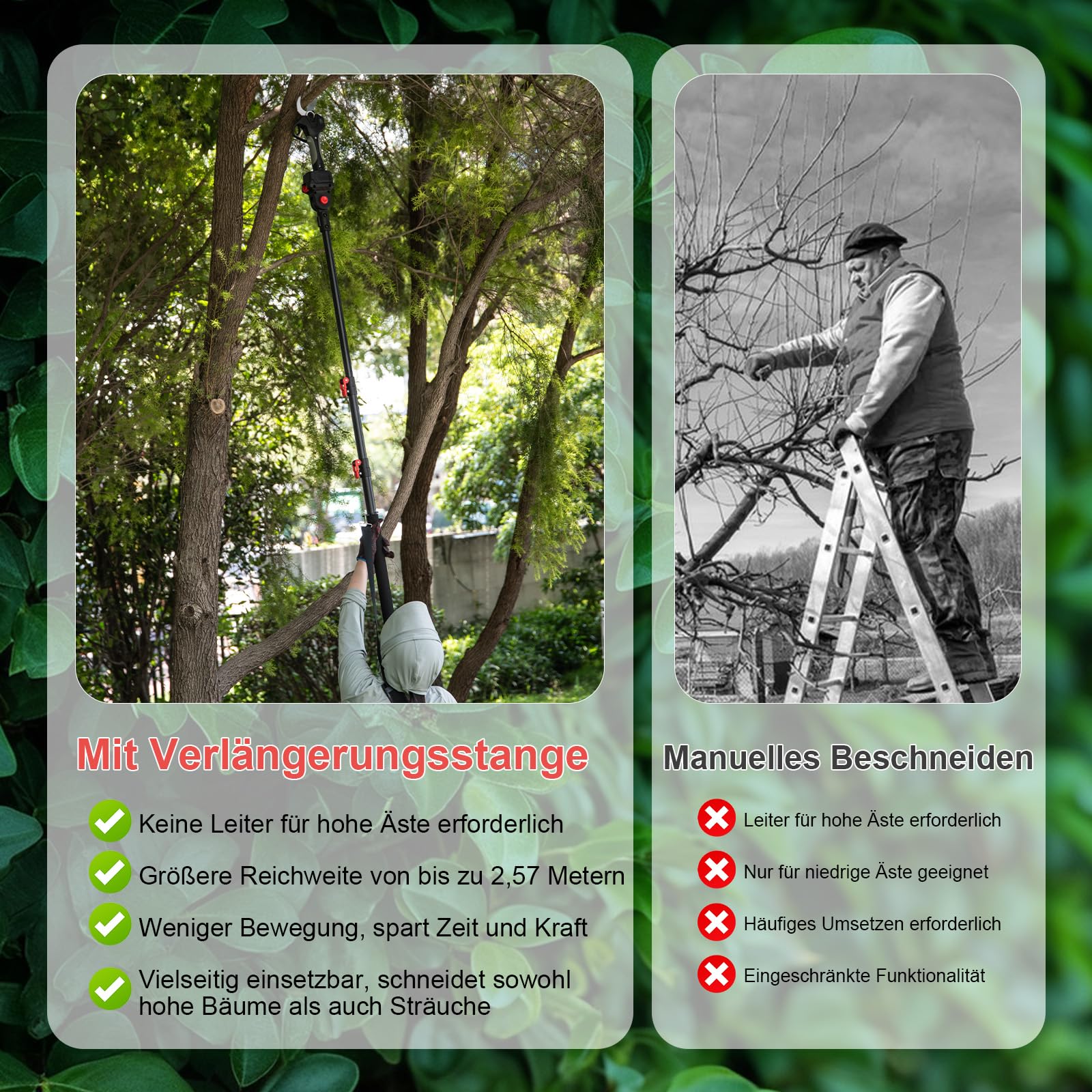 CHANGEMOORE Akku Astschere 40mm mit 275cm Verlängerungsstange, 2x4000mAh | Profi Bürstenloser Motor mit LCD Display, kompatibel mit Gartenwerkzeugen. Ideal für Äste & Büsche, Garten & Obstbaumpflege