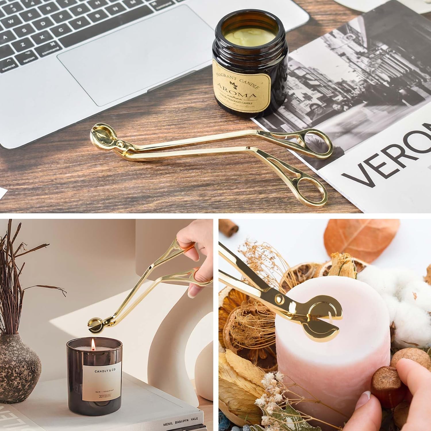 Candle Wick Trimmer, Stainless Steel Wick Clipper Cutter, Candle Cutter Wick Reduces Soot Prevent Soot Buildup, Candle Scissors (Gold Rose)