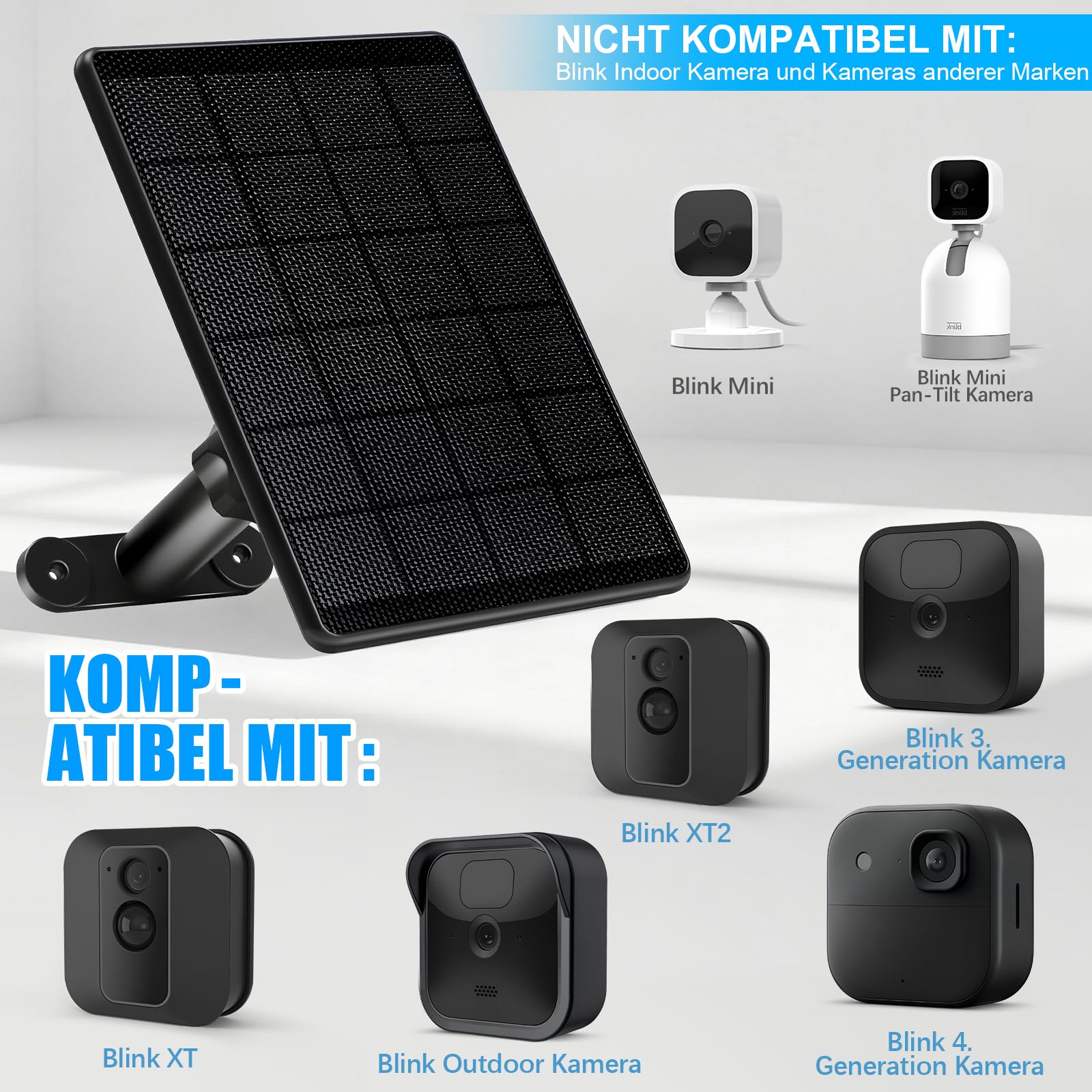 6W Solarpanel für Blink Kamera, Micro USB & USB C Input Solarmodul Kompatibel mit Blink Outdoor 4 (4. Gen)/(3. Gen) XT3/XT2/XT-Kameras, Biuld-In 2500 mAh Batterien, 9,8ft Ladekabel, IP65 Wasserdicht