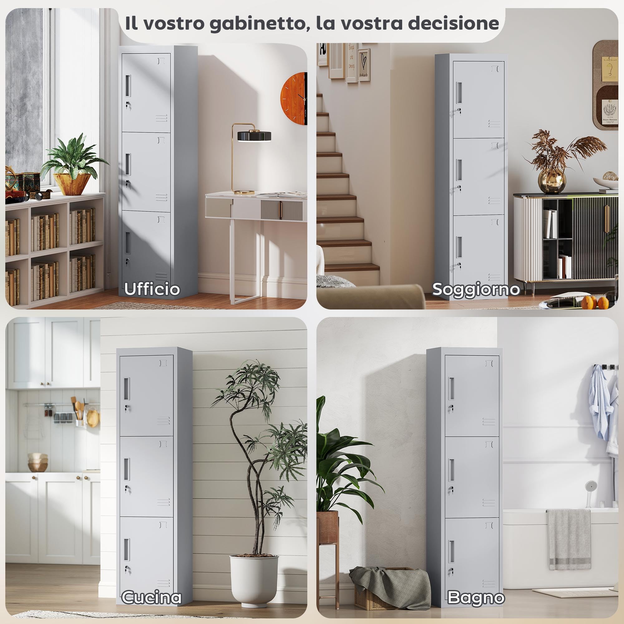 HOMCOM Armadietto per Documenti a 3 Ante e 3 Ripiani in Acciaio, Armadio Ufficio con Serratura Chiavi, Fessure di Ventilazione, Mobiletto Multiuso Portadocumenti, per Casa Ufficio, 45x38x180cm, Grigio