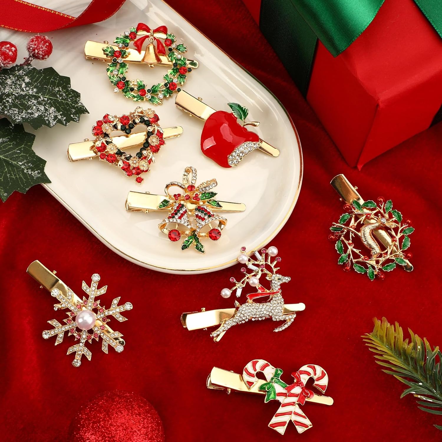 AUGSUN 8Pcs Christmas Rhinestone Hair Clips Barrettes Xmas Crystal Peppermint Snowflake Wreath Reindeer Bell Hairpins Festive Costume Accessories for Women Christmas Holiday Party Gifts - Image 7