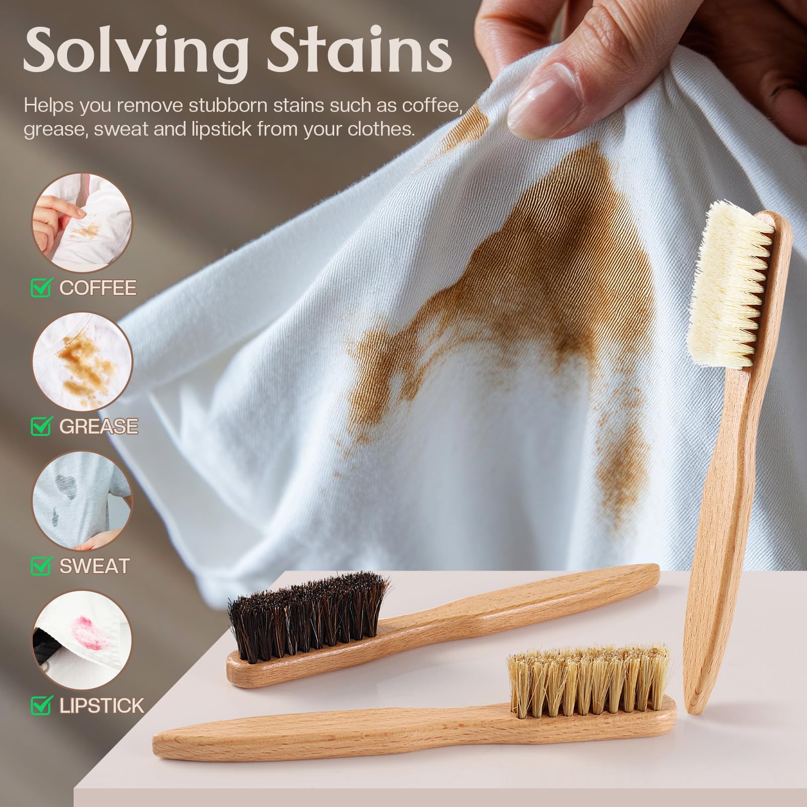 3 cepillos de madera para quitar manchas de lavandería con cerdas de jabalí, cepillo pequeño para ropa para frotar manchas de muebles, tela y cuero (3 piezas C)