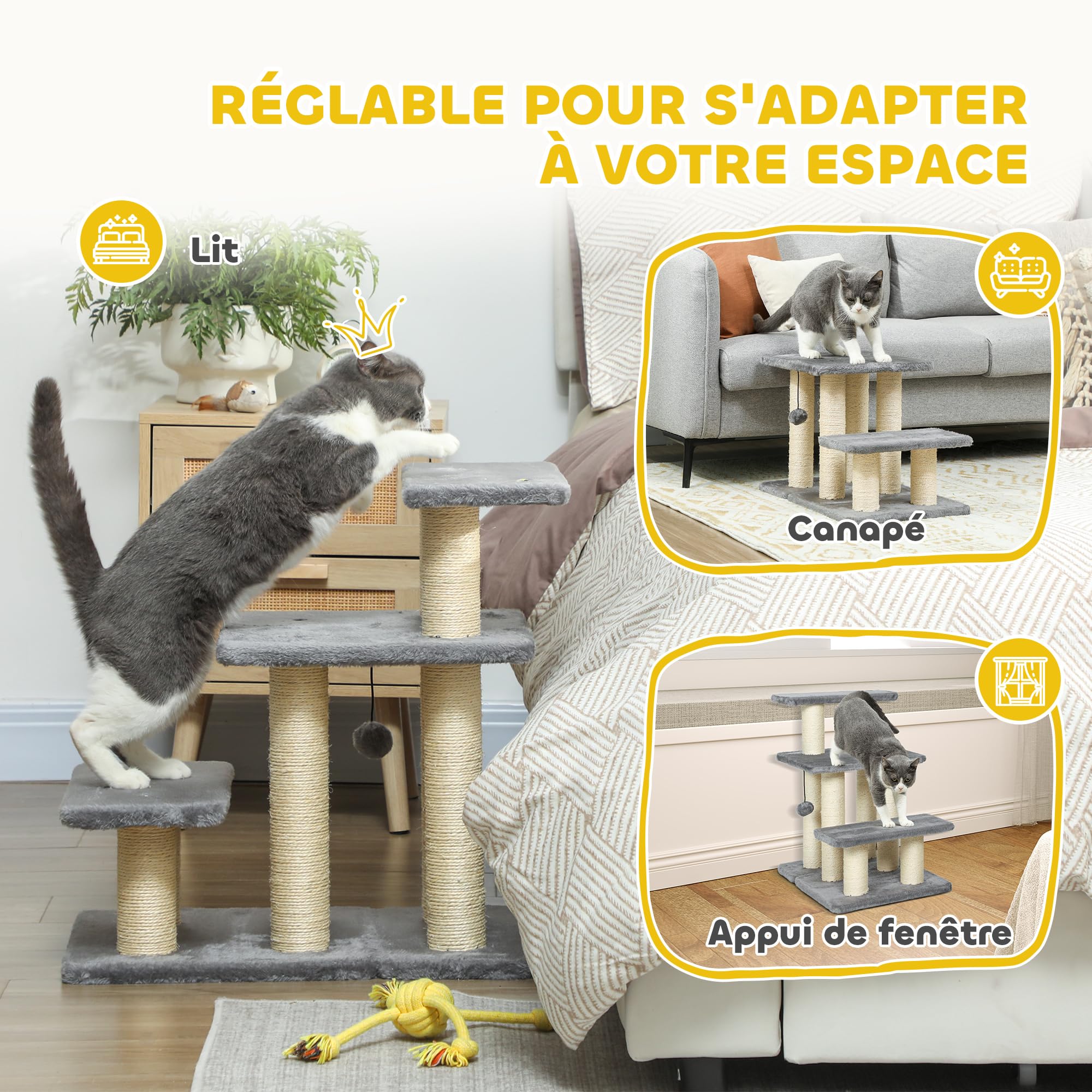 PawHut Escalier pour Chat réglable 3 marches, Arbre à Chat avec Balle et griffoirs en sisal, pour Atteindre Facilement Les Lits Hauts ou Les canapés, Gris