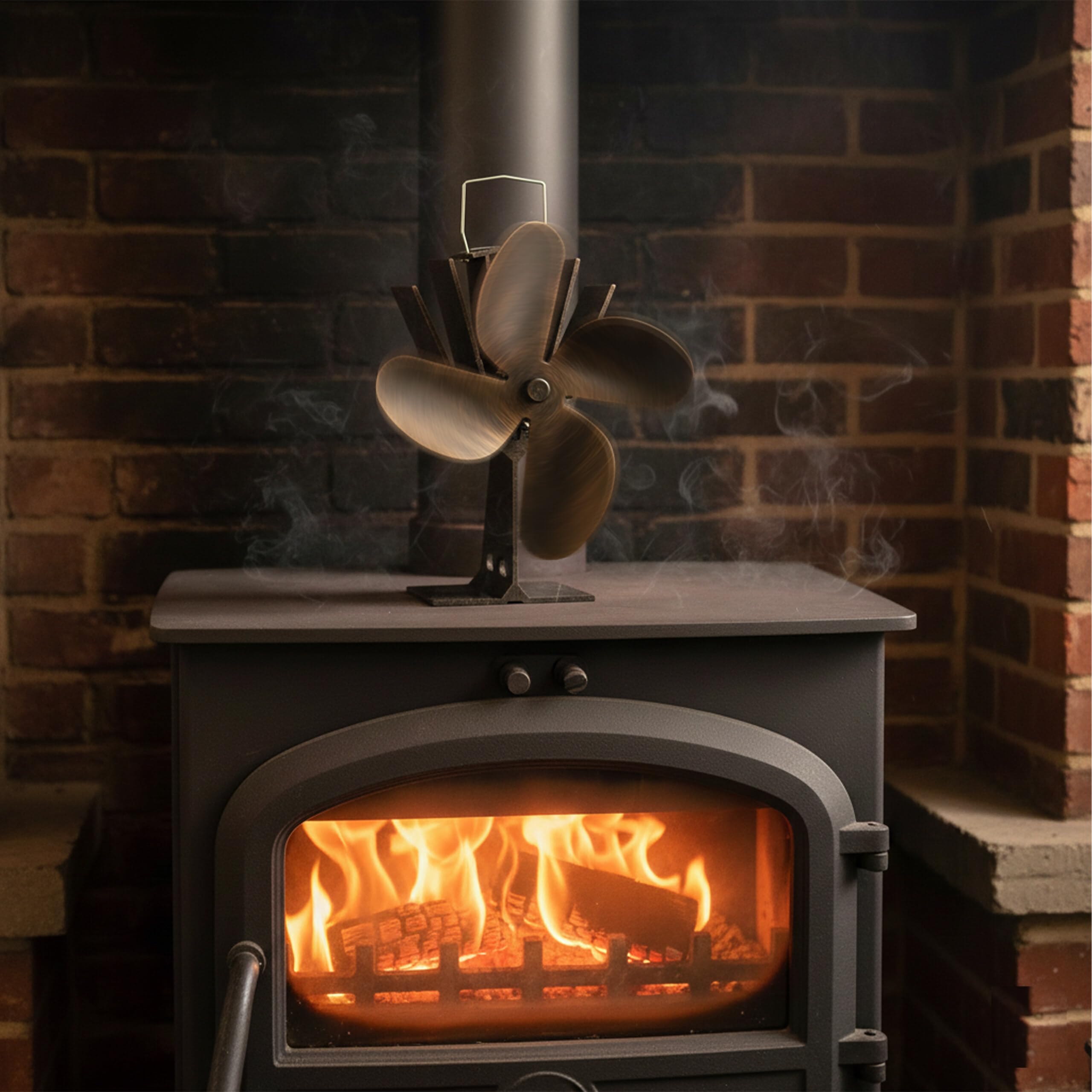 Relaxdays Ventola per Stufa Senza Elettricità, Silenzioso, Ventilatore per Camino & Forno, Accessorio con 4 Pale, Bronzo