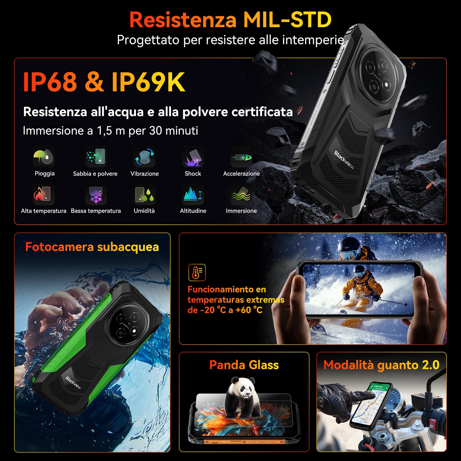 Blackview Rugged Smartphone, Telefono Indistruttibile 10000mAh, Android 16 Smartphone Rugged, IP68/IP69K, fino a 12GB+128GB (TF 2TB), 6,56" 90Hz, Dual SIM, NFC, OTG, GPS, 3 Anni di Garanzia