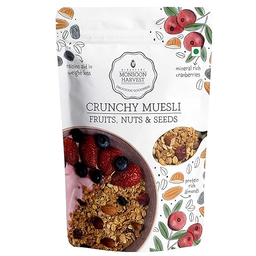 Wingreens Monsoon Harvest, Crunchy Muesli - Fruits, Nuts & Seeds 800g, Breakfast Cereal with Almonds, Seeds, Dried Fruits & Whole Grains. Gluten-Free, Millet Based, Natural Ingredients, High Fiber
