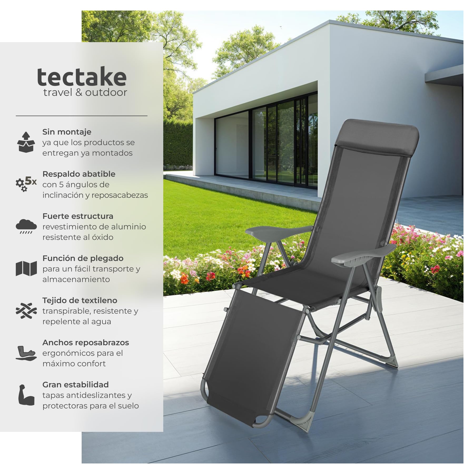 tectake® Conjunto Sillas Jardín Exterior de Aluminio, Respaldo Regulable y Reposacabezas, Conjunto Sillas Terraza Resistentes a Intemperie, Transpirable - 2 Tumbonas Antracita