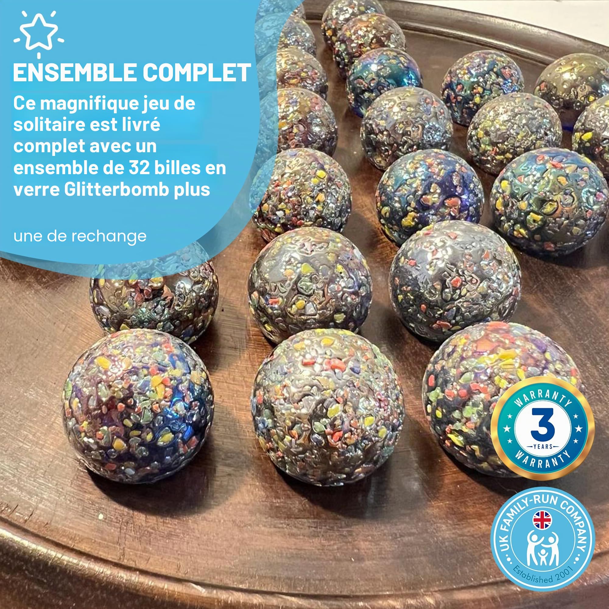 Jeu de société solitaire en bois de 30 cm de diamètre avec billes de verre à paillettes | jeu de solitaire classique en bois | jeu de société de stratégie | jeu de société familial | jeux pour une