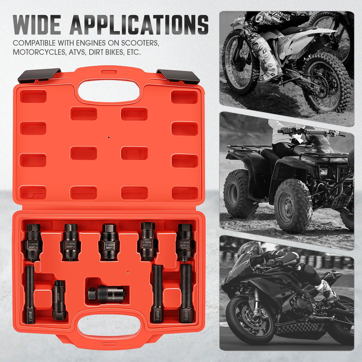 DNA Motoring Juego de 10 extractores de Volante Universal para Motocicleta, Compatible con Yamaha, Honda, Suzuki, Kawasaki, Ducati, Rojo, TOOLS-00608