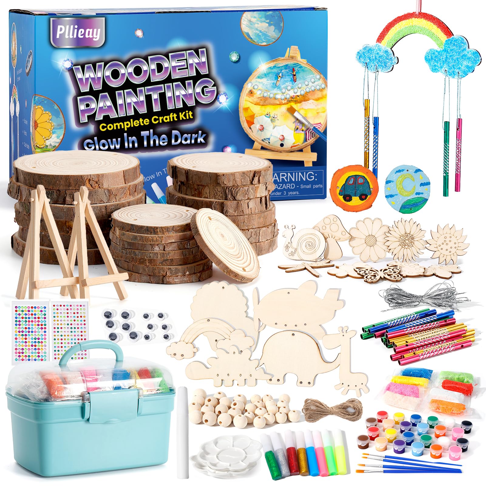 Pllieay Wooden Crafts for Kids, 108PCS Wood Painting Kit with Unfinished Wood Slices, Glow in The Dark and Wind Chime Crafts for Kids, Wooden Christmas Ornaments for Crafts, Great Christmas Presents