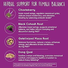 Hormone Balance for Women 180 Ct - PMS Support Supplement for Women, Menopause & Perimenopause | Bloating Relief, Menstrual Cramp, Mood, PMDD | Chasteberry, Black Cohosh, Dong Quai | Vegan, Non-GMO