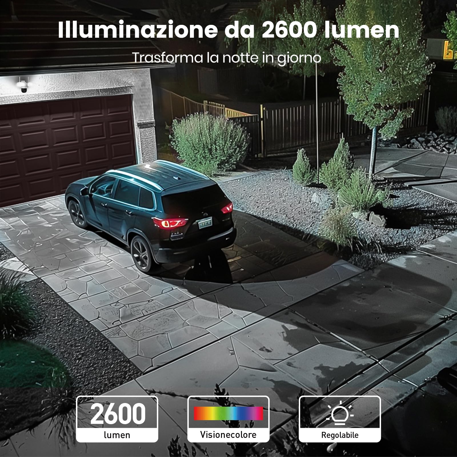 aosu 3K Telecamera di Sorveglianza Esterna con Luce, 2600 LM, 360° IA | 3 sensori PIR, Registrazione 24/7, Visione notturna, IP65 impermeabile, Wi‑Fi 2,4 GHz, Per ingresso/giardino