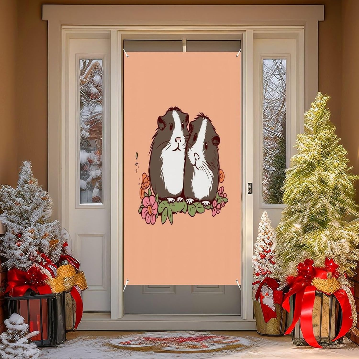 Two Guinea Pigs Hanging Out Door Cover Decoration Exquisite Door Banner Background Porch Sign Picture Anti-fading Front Door Backdrop Decor for Holiday Themed Party Decor Supplies 70x35 In