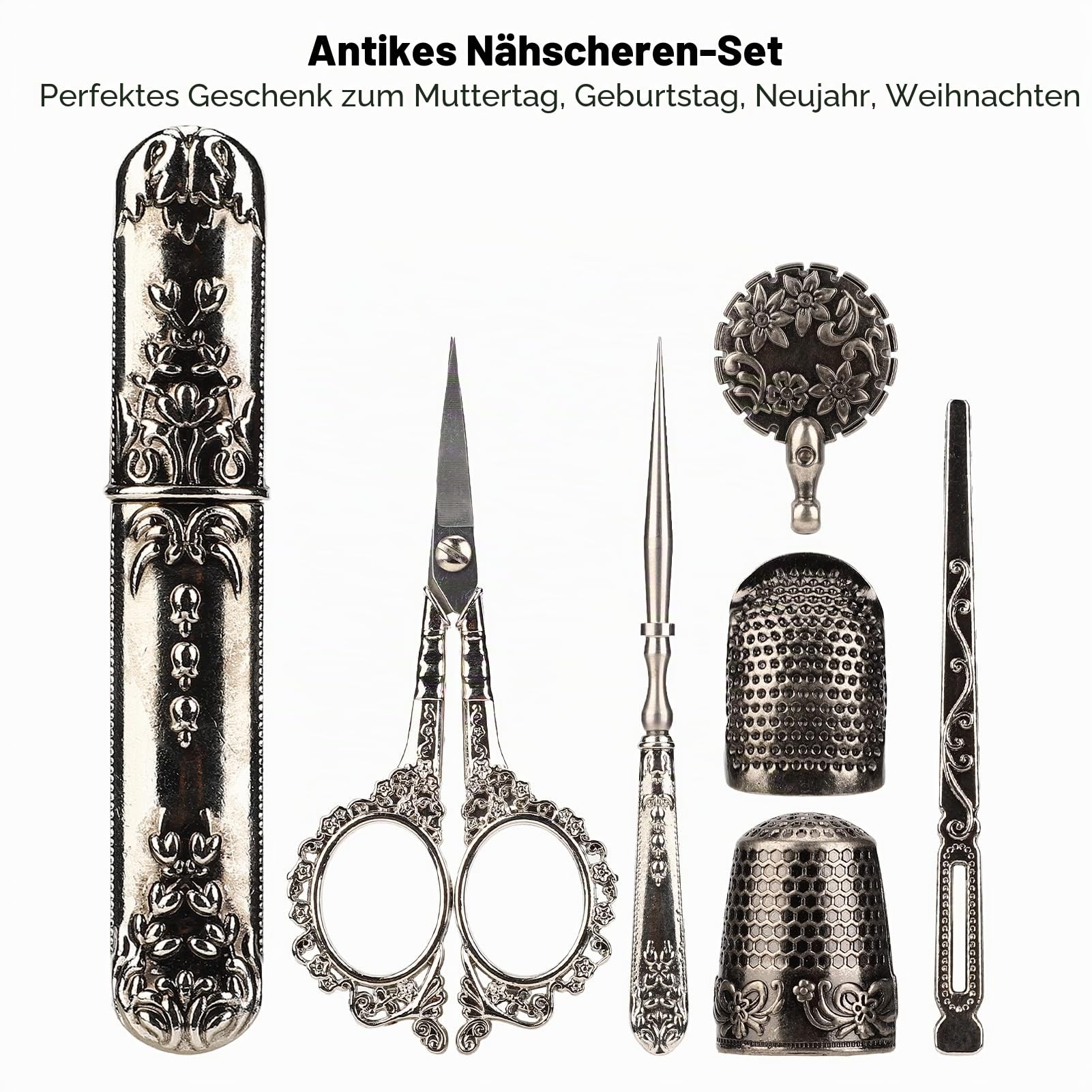 Stickscheren-Set, Vintage-Schere Im Europäischen Stil, Komplettes Vintage-Nähwerkzeug, Antike Nähschere mit Nähnadelbox Zum Basteln, Schneiden, Kunstwerken, Nähen, Handarbeiten(Silber)