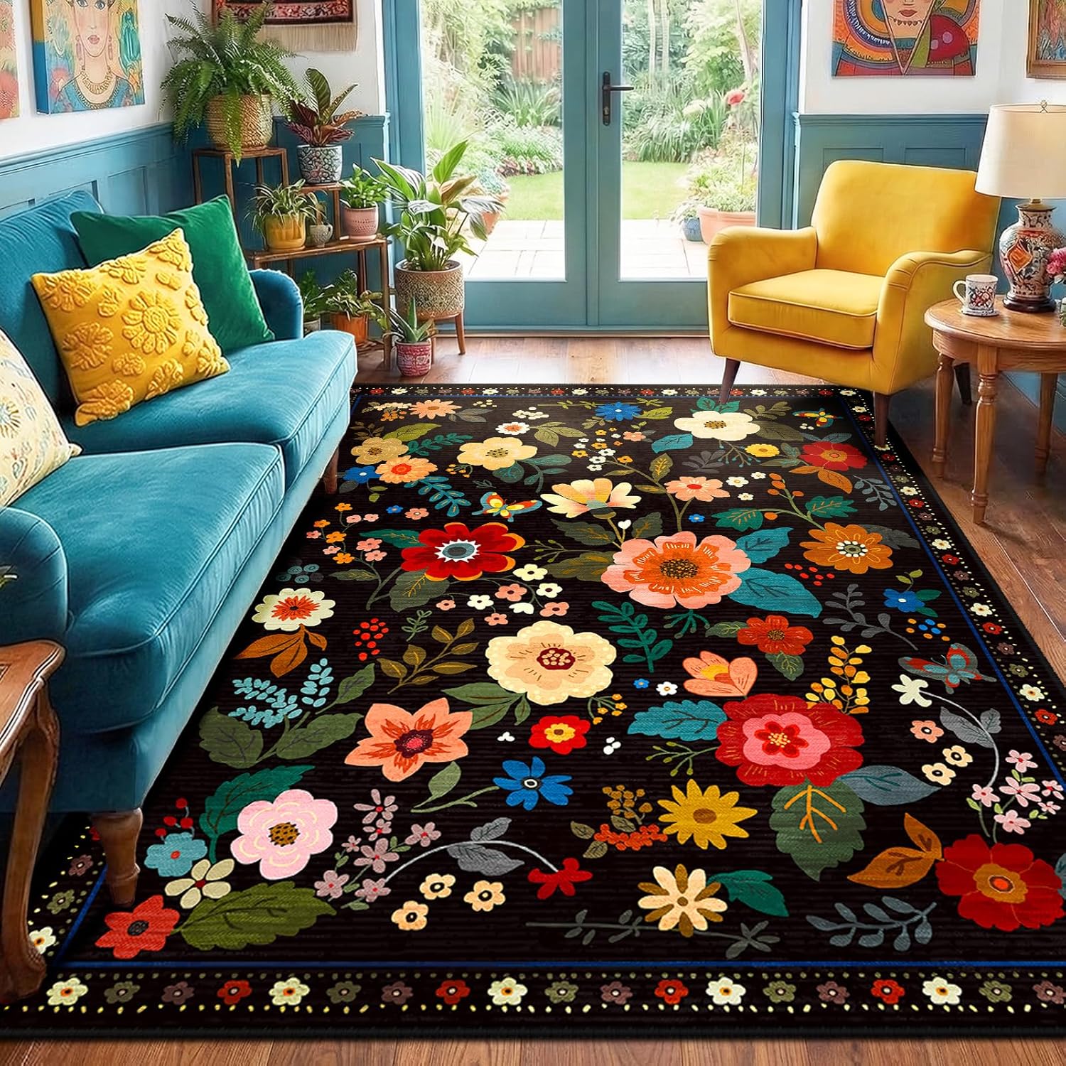 Floral Nursery 5x7 Area Rugs Washable Print Boho Cute Carpet Non Slip Flower Low Pile for Living Room Kids Girls Playroom Bedroom Kitchen Office Farmhouse-Black