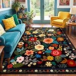 RELEANY Floral Area Rug 5x7 Boho Washable Rugs for Living Room Soft Print Flower Non Slip Low Pile Indoor Carpet for Bedroom Kitchen Room Farmhouse Home Decor Doormat-Black