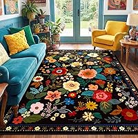 RELEANY 5x7 Washable Floral Area Rug Non-Slip Boho Print Low Pile for Nursery Kids Room Living Room Bedroom - Black