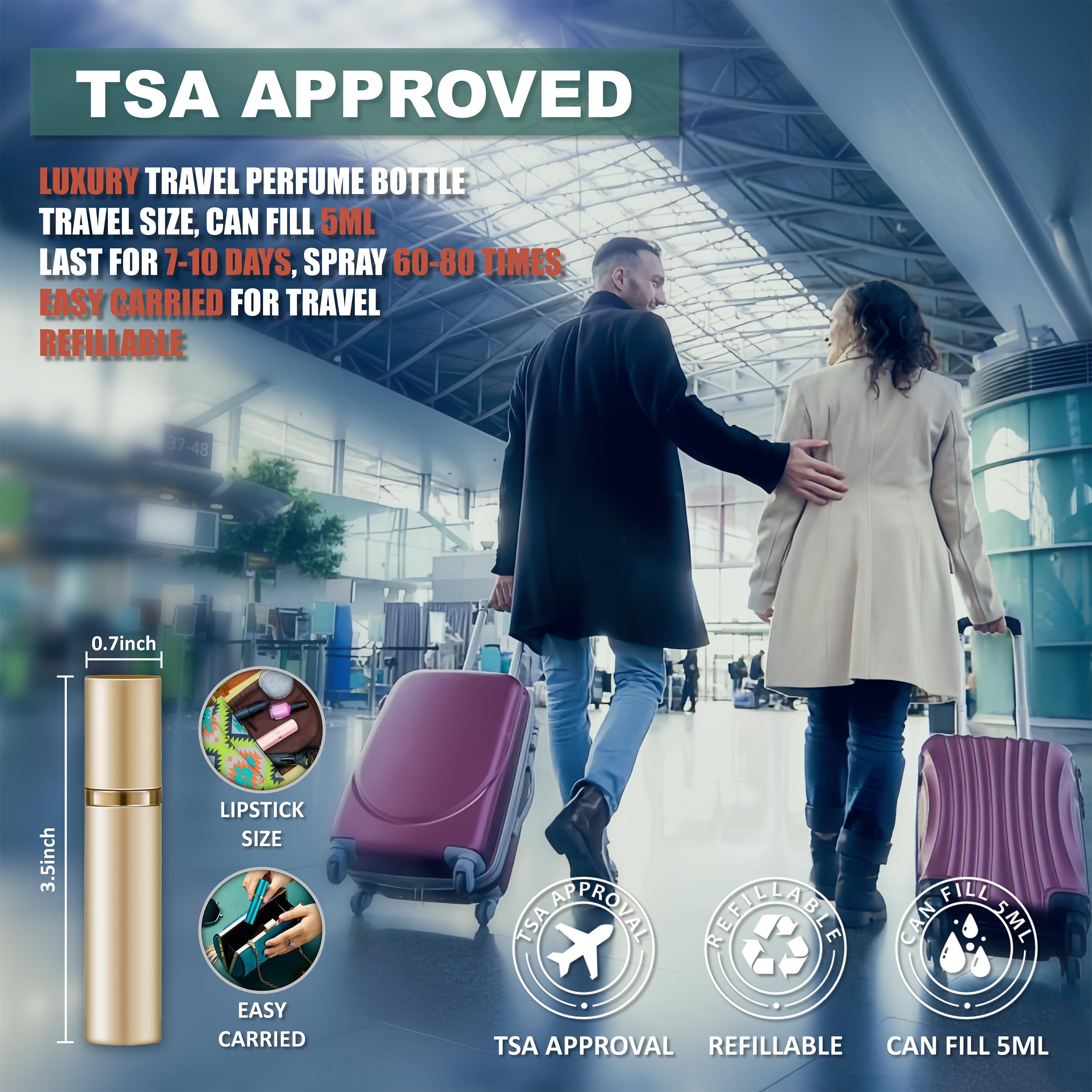Perfume de viaje botella recargable portátil atomizador botella de fragancia bomba de llenado de la parte inferior Mini bolsa tamaño 5ml para viajar y salir (dorado)