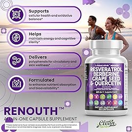Clean Resveratrol Supplement | Berberine Grape Seed Extract Quercetin Green Tea Extract Acai Noni Polyphenol Supplement for Women & Men Anti Aging N-Acetyl Cysteine NAD Booster