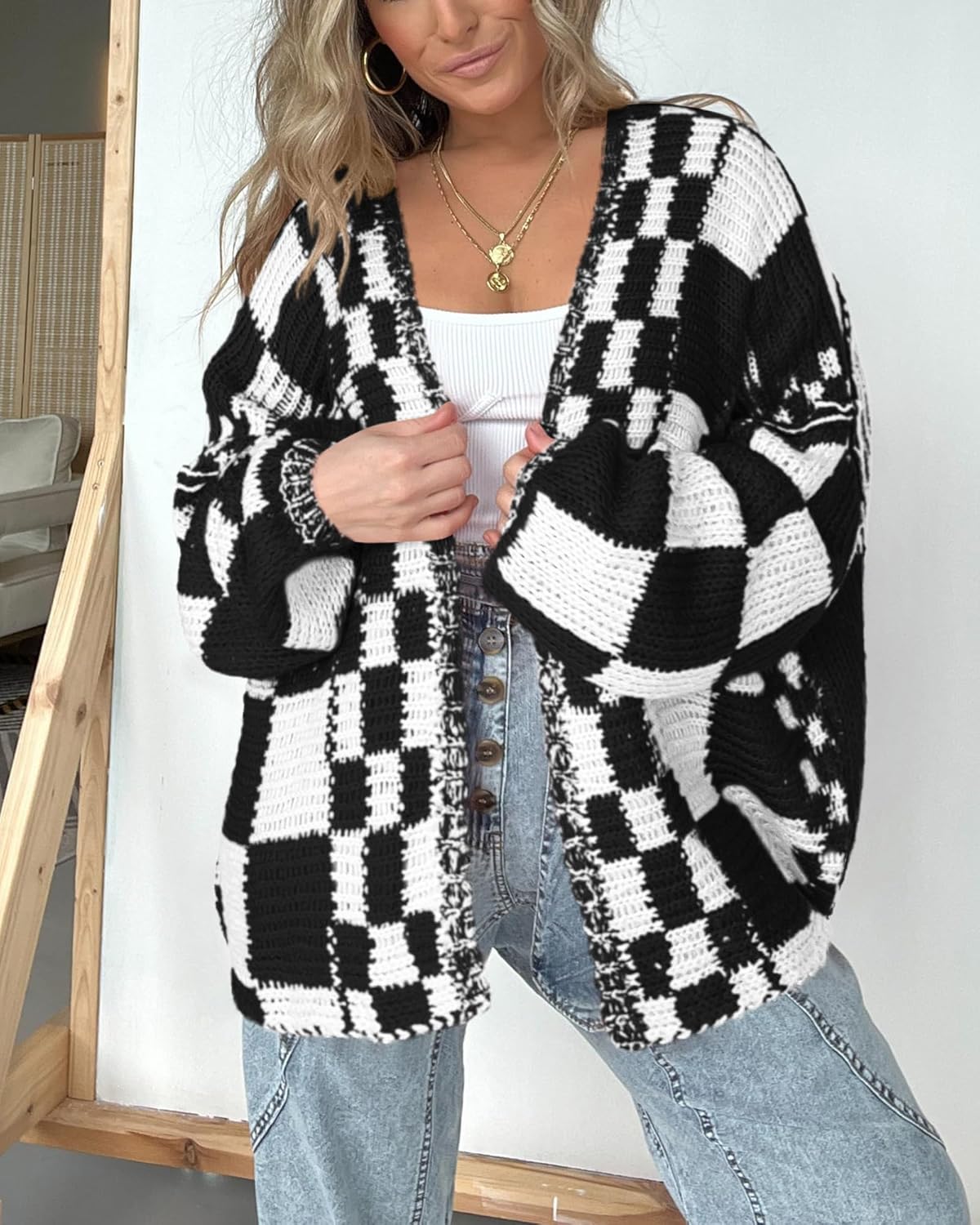 BTFBM Casual Cardigan Sweater for Women Fall 2026 Long Sleeve Open Front Chunky Knit Sweaters Checkered Outwear Coat - Image 2