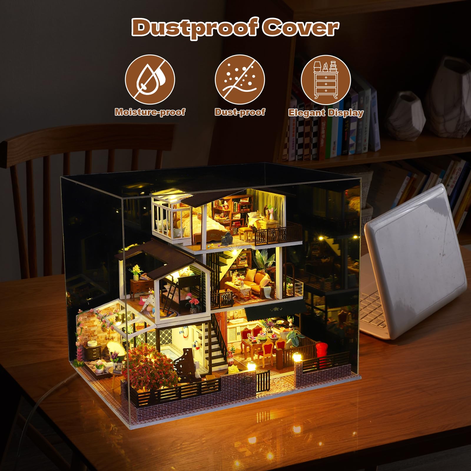 DIY Miniatur Haus, Mini 3D Holzpuzzle Puppenhaus Modell Set mit LED Spieluhr, Romantische Villa Tiny Haus Bücherregal Deko Bastelset, Geburtstag Geschenk für Erwachsene Frauen Männer