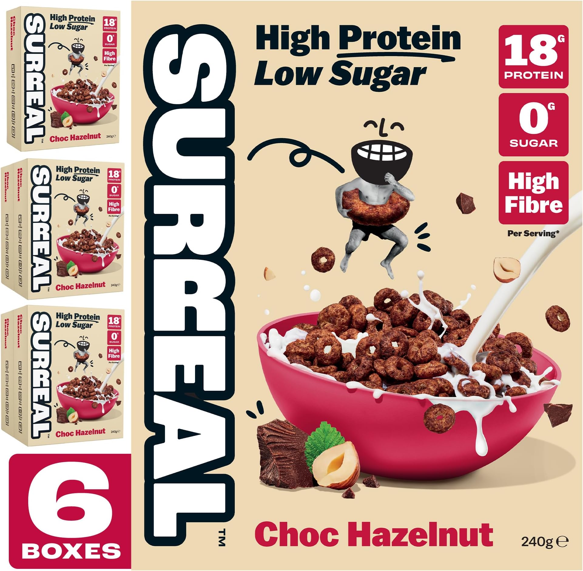 Surreal Choc Hazelnut - High Protein Cereal 6 Pack - Zero Sugar- Healthy Plant Based Cereal - High in Fibre - Low Carb - Gluten Free - Vegan - 18g of Protein, 0g of Sugar - 240g per Box