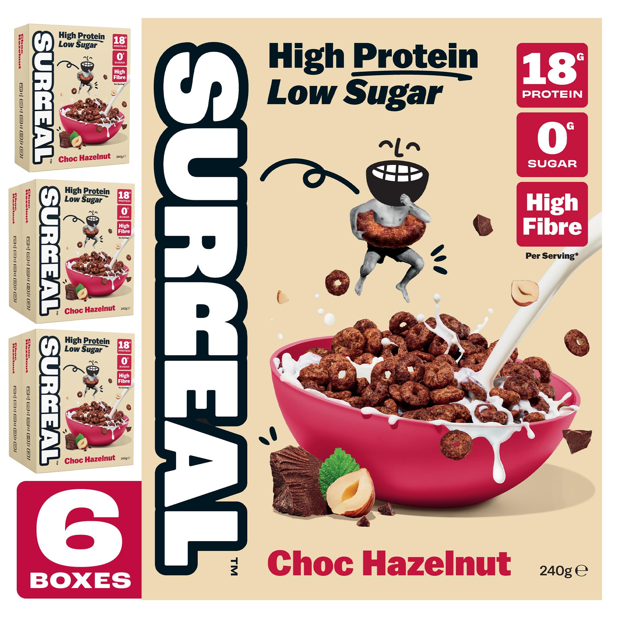Choc Hazelnut - High Protein Cereal 6 Pack - Zero Sugar- Healthy Plant Based Cereal - High in Fibre - Low Carb - Gluten Free - Vegan - 18g of Protein, 0g of Sugar - 240g per Box