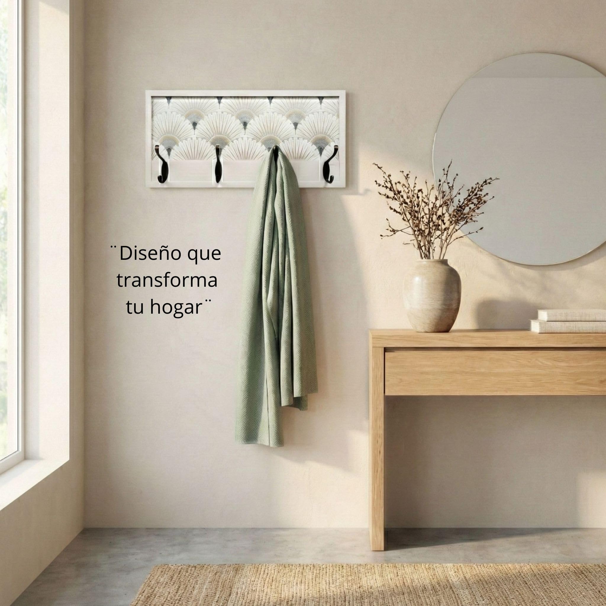 Perchero Pared Madera 52x25cm Art Décó Blanco 4 Ganchos | Hecho en España. 4 ganchos dobles (8 colgadores) para ropa y abrigos. Ideal para entrada, salón u oficina.