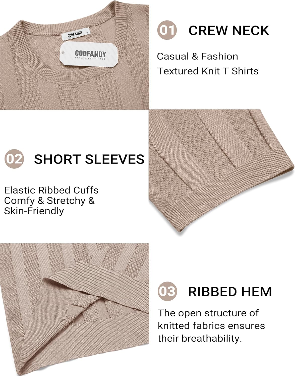 COOFANDY Mens T-Shirts Short Sleeve Knit Shirt Crew Neck Sweater Fashion Casual Textured Pullover Tees - Image 6