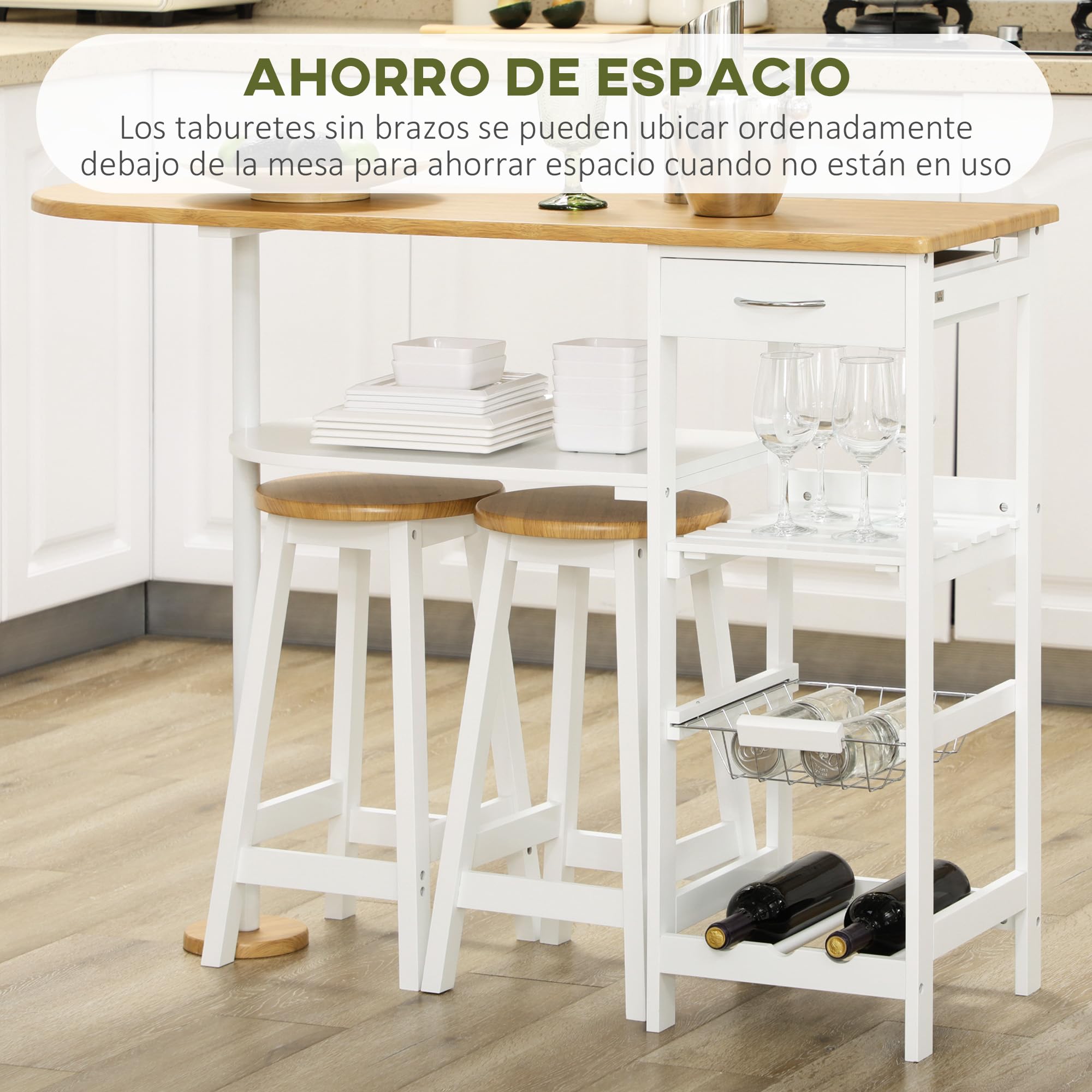 HOMCOM Set de Mesa de Bar con 1 Cajón 2 Estantes Cesta Extraíble y Botellero Juego de Muebles con Mesa Alta de 119x38,5x88,5 cm y 2 Taburetes de 29x29x55 cm para Comedor Cocina Blanco