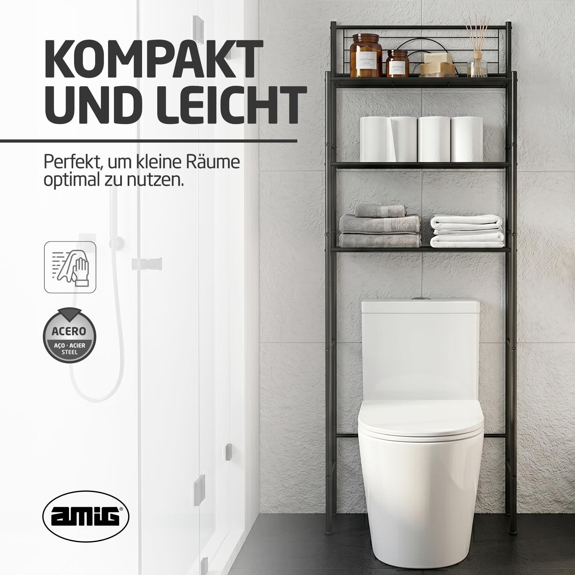 Amig - Badezimmerregal über Toilette Mod. ORIA - 3 Höhen - Hergestellt aus Stahl - Matt schwarz - Mit verstellbaren Füßen - 60,7 x 28 x 172 cm
