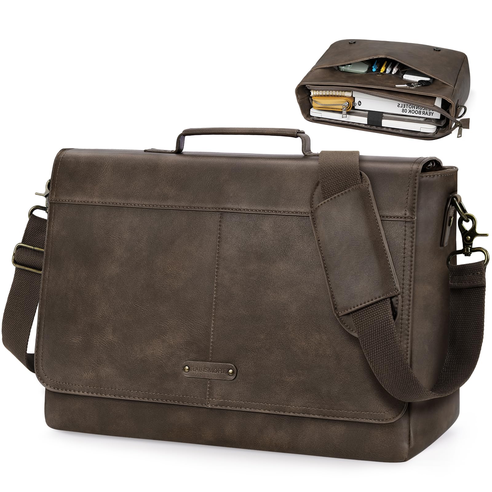 RAINSMORE Aktentasche Herren 15,6 Zoll Laptoptasche Wasserdicht - Business Messenger Bag Herren Umhängetasche aus PU Leder - Vintage Arbeitstasche & Schultertasche für Büro & Uni