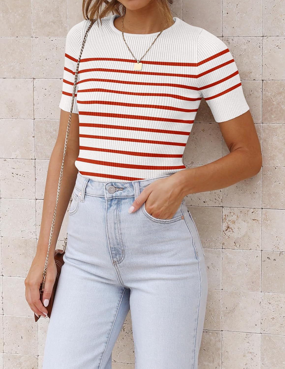 ZESICA Women's Short Sleeve Crewneck Striped T Shirt 2026 Summer Ribbed Knit Slim Fit Casual Basic Tee Tops - Image 6