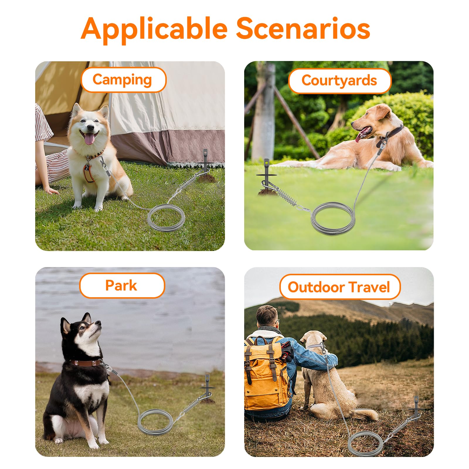 Câble d'arrimage robuste de 9,1 m pour chien et piquet, pivote à 360 °, piquets d'ancrage au sol pour grande, moyenne et moyenne jusqu'à 99,8 kg, câble extérieur pour chien, cour, pelouse, plage