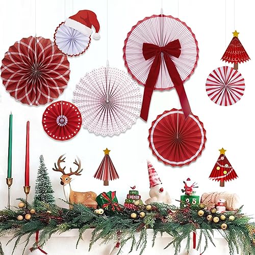 Decoración de abanico de papel de Navidad, decoraciones de sombrero de Papá Noel, divertidos abanicos de papel colgantes rojos con estrellas doradas