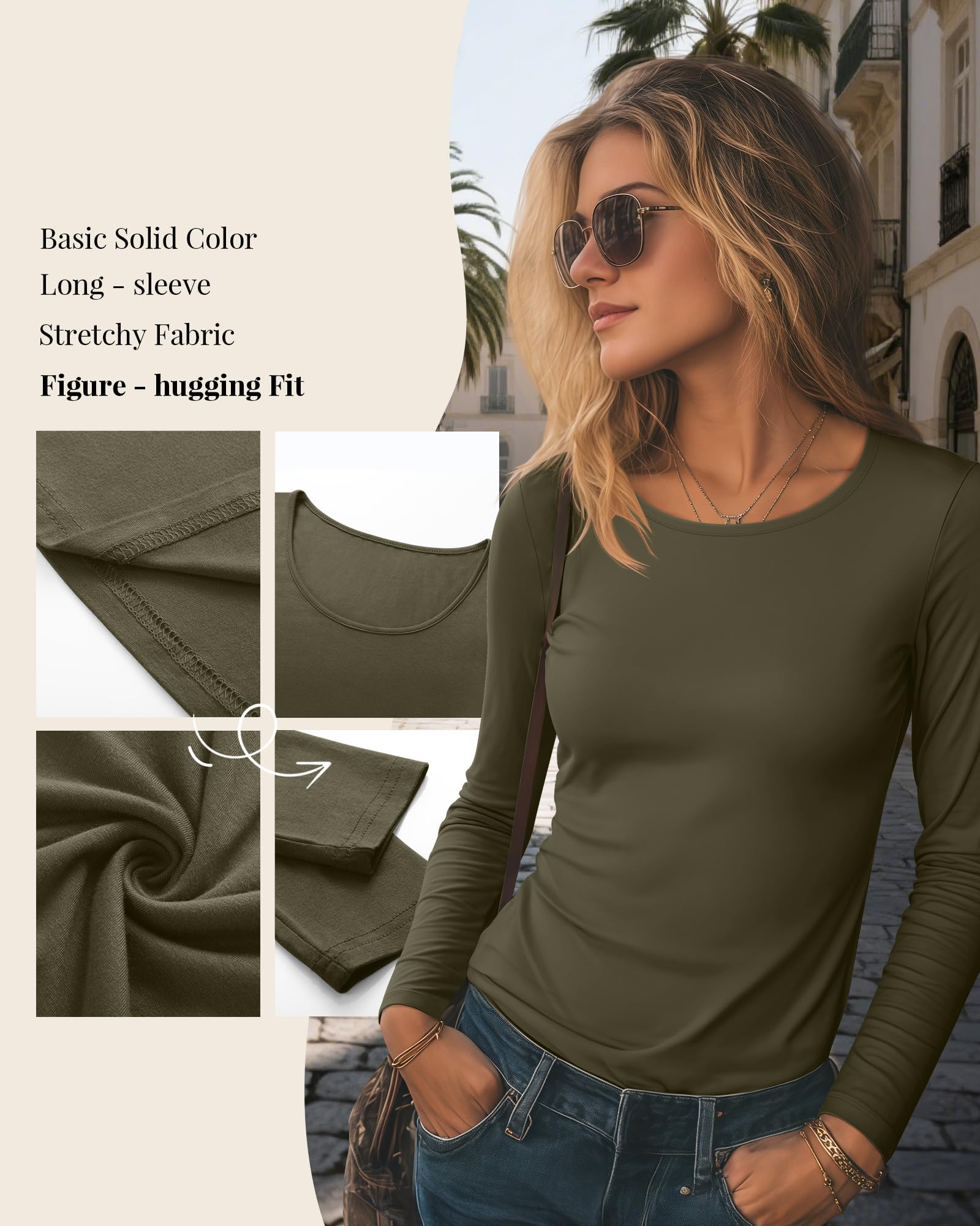 Neer Lot de 4 chemises à manches longues et col rond pour femme - Coupe ajustée - Couche de base extensible - Décontractée - Automne