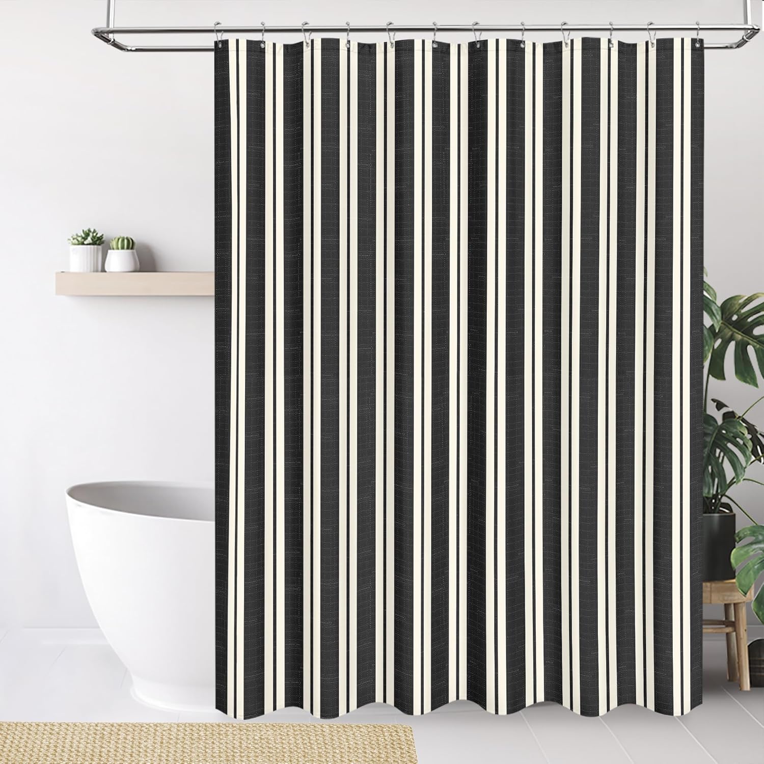 Tititex Cute Candy Cane Striped 140gsm Faux Linen Fabric Shower Curtain, Elegant Classic Black Beige Shower Curtain Sets Decoration 72x72 Inch with Hooks